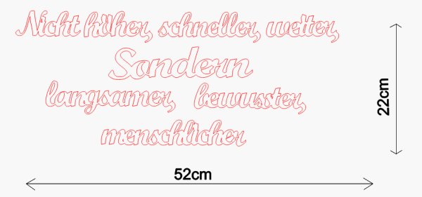 Schriftzug - Nicht höher, schneller, weiter, Sondern langsamer, bewusster, menschlicher